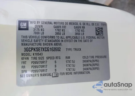 2012 Chevrolet Silverado 1500 Lt z USA, uszkodzony, nr VIN 3GCPKSE7XCG162602